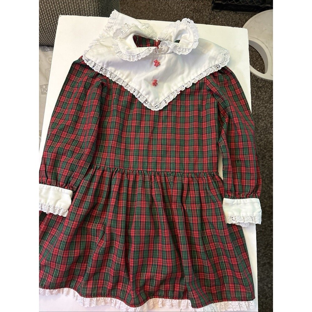 Vintage Toddler Christmas Dress, Plaid And Green (F)